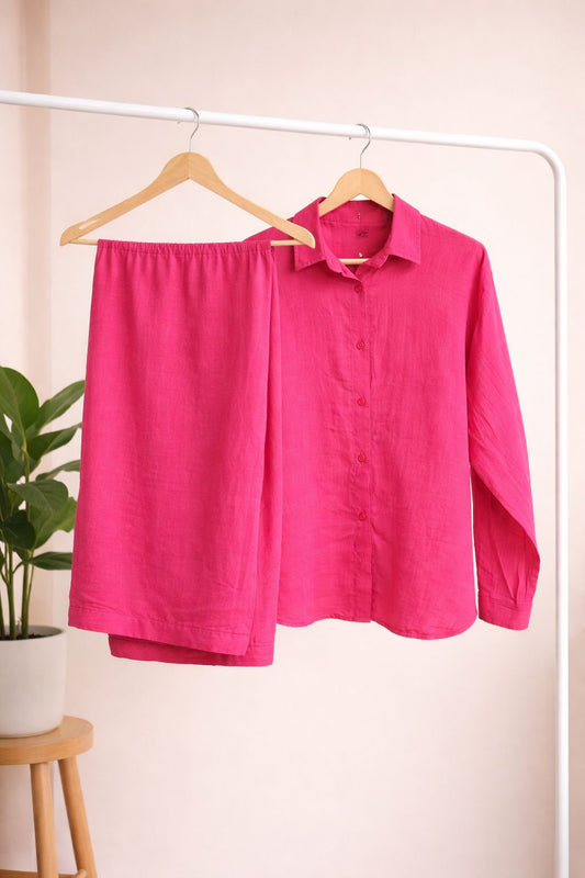Hot Pink Breeze Cotton Linen Cord Set